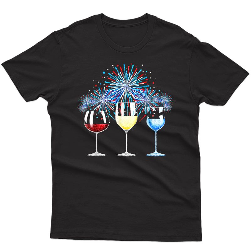 Funny Wine Glass Red Blue Firework Happy 4th Of July T-shirt