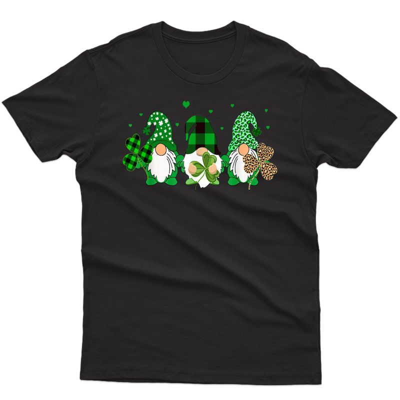 Three Gnomes Holding Shamrock Leopard Plaid St Patrick's Day T-shirt