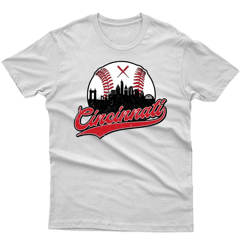 Vintage Cincinnati Baseball Skyline Retro Red Gift T-shirt