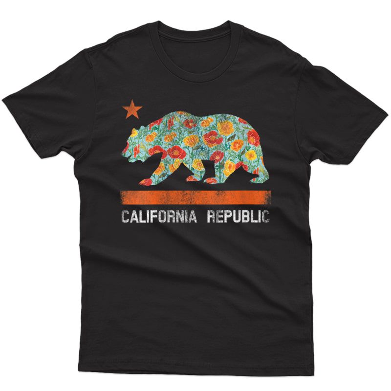  California Republic State Bear Star Poppy Flower La Cali Tee T-shirt